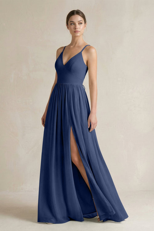 A-Line Spaghetti Strap Chiffon Bridesmaid Dress in Navy - KissProm BRIDESMAID DRESSES