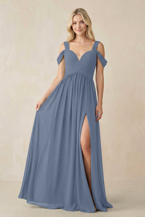 Chiffon A-Line Bridesmaid Dress with Slit  in Neptune - KissProm BRIDESMAID DRESSES