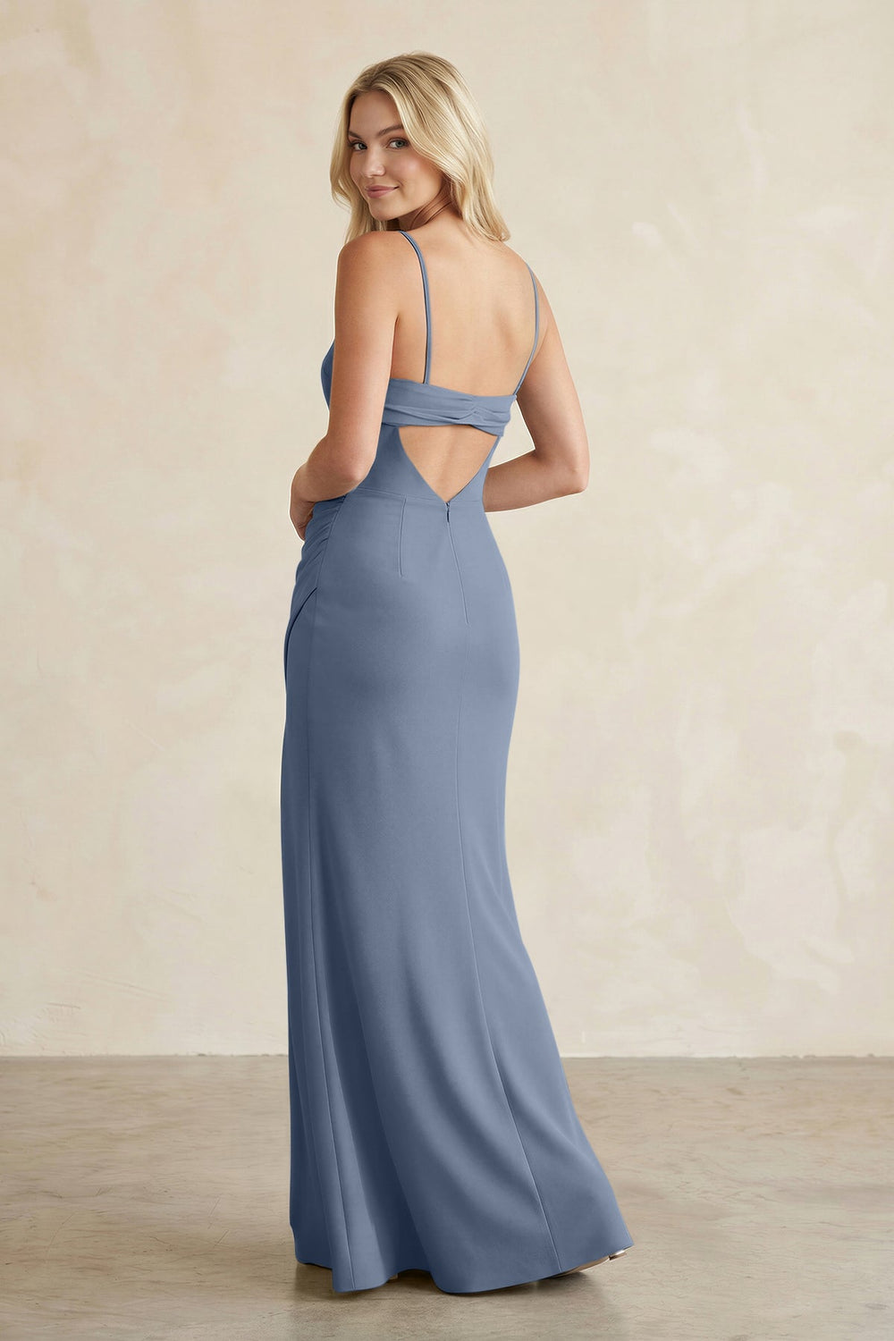 Cami Strap Chiffon Sheath Bridesmaid Dress with Slit in Neptune - KissProm BRIDESMAID DRESSES