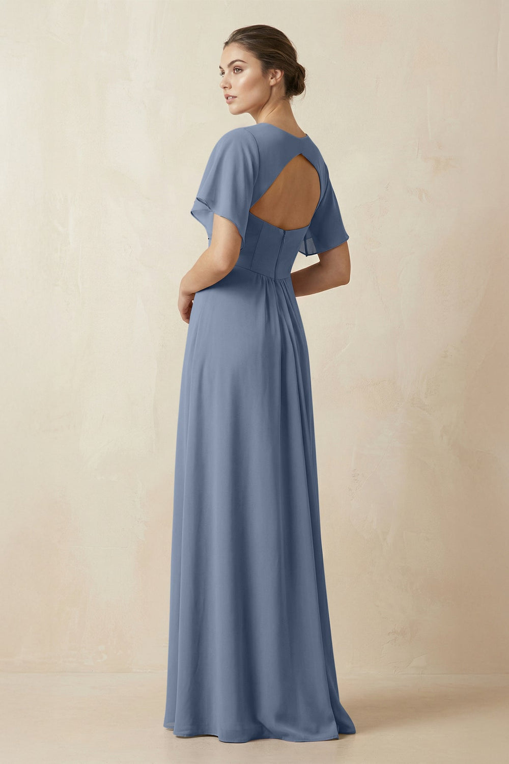 Short Sleeve V-Neck Chiffon A-Line Bridesmaid Dress in Neptune - KissProm BRIDESMAID DRESSES