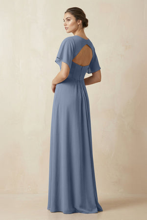 Short Sleeve V-Neck Chiffon A-Line Bridesmaid Dress in Neptune - KissProm BRIDESMAID DRESSES