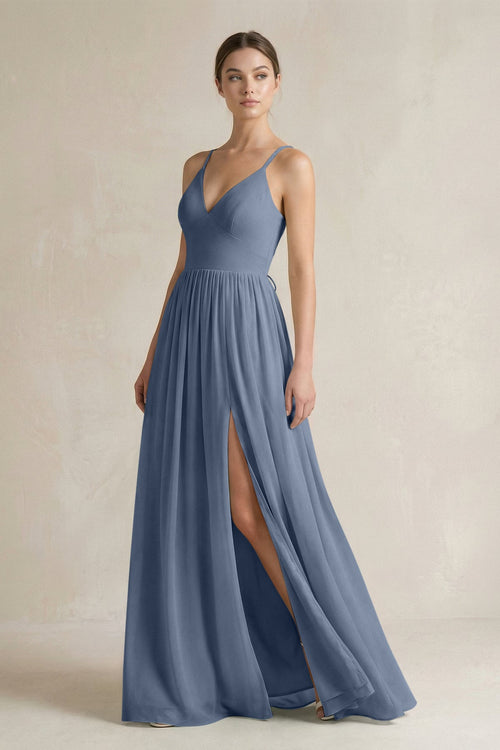 A-Line Spaghetti Strap Chiffon Bridesmaid Dress in Neptune - KissProm BRIDESMAID DRESSES