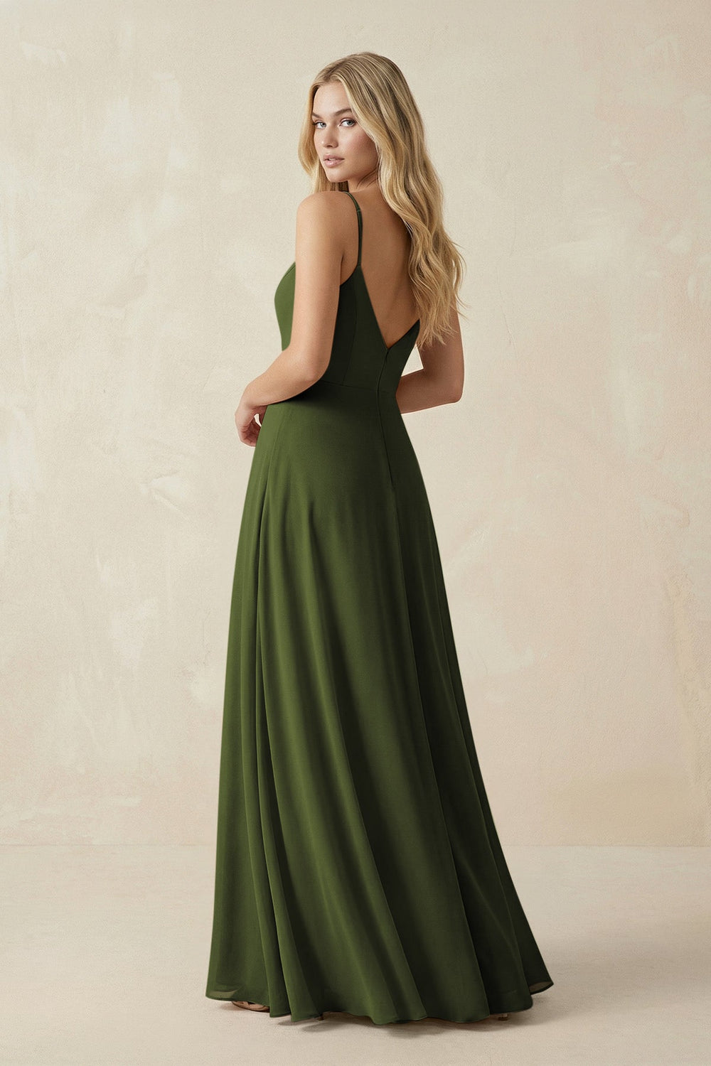 Cami Strap A-Line Chiffon Bridesmaid Dress with Slit in Olive - KissProm BRIDESMAID DRESSES