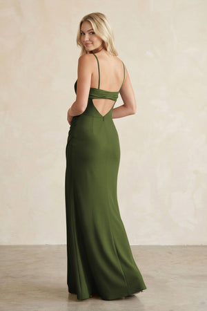 Cami Strap Chiffon Sheath Bridesmaid Dress with Slit in Olive - KissProm BRIDESMAID DRESSES