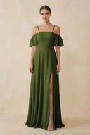 Off - the - Shoulder A - Line Chiffon Bridesmaid Dress in Olive- KissProm Bridesmaid Dresses