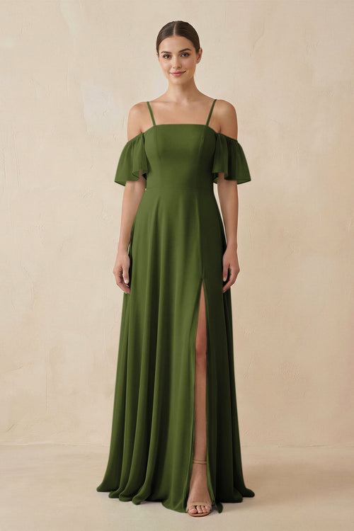 Off - the - Shoulder A - Line Chiffon Bridesmaid Dress in Olive- KissProm Bridesmaid Dresses