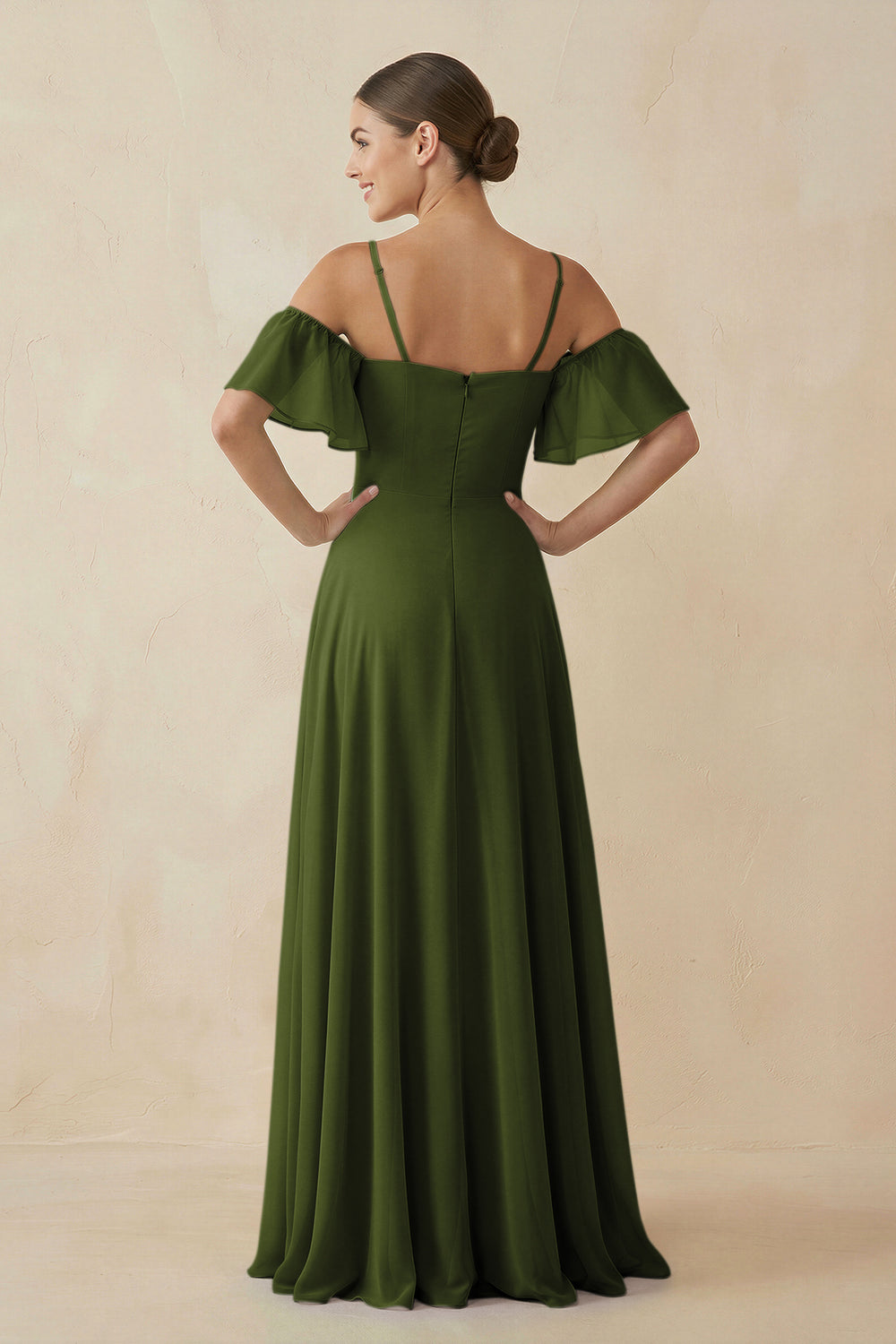 Off - the - Shoulder A - Line Chiffon Bridesmaid Dress in Olive- KissProm Bridesmaid Dresses