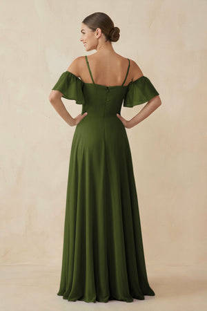 Off - the - Shoulder A - Line Chiffon Bridesmaid Dress in Olive- KissProm Bridesmaid Dresses