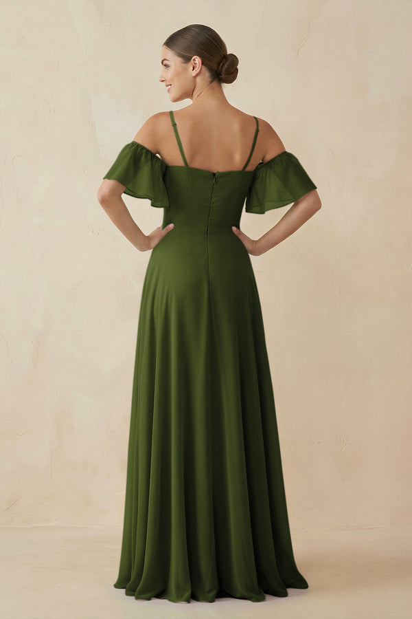 Off - the - Shoulder A - Line Chiffon Bridesmaid Dress in Olive- KissProm Bridesmaid Dresses