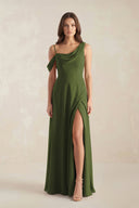 One-Shoulder Chiffon A-Line Bridesmaid Dress in Olive - KissProm BRIDESMAID DRESSES