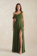 One-Shoulder Chiffon A-Line Bridesmaid Dress in Olive - KissProm BRIDESMAID DRESSES