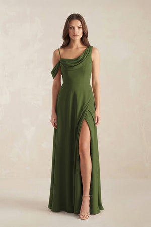 One-Shoulder Chiffon A-Line Bridesmaid Dress in Olive - KissProm BRIDESMAID DRESSES
