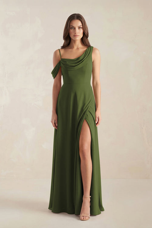 One-Shoulder Chiffon A-Line Bridesmaid Dress in Olive - KissProm BRIDESMAID DRESSES