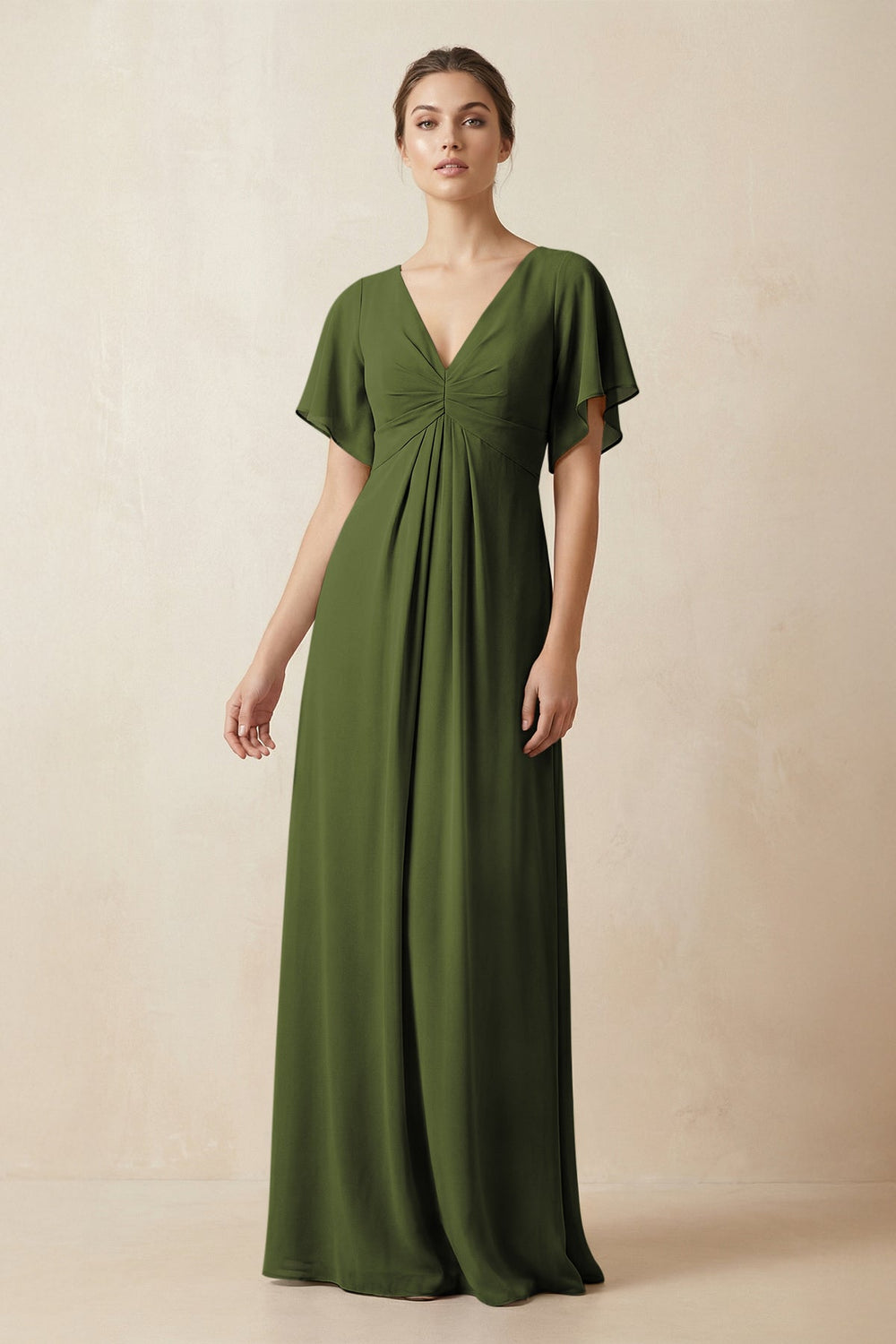 Short Sleeve V-Neck Chiffon A-Line Bridesmaid Dress in Olive - KissProm BRIDESMAID DRESSES