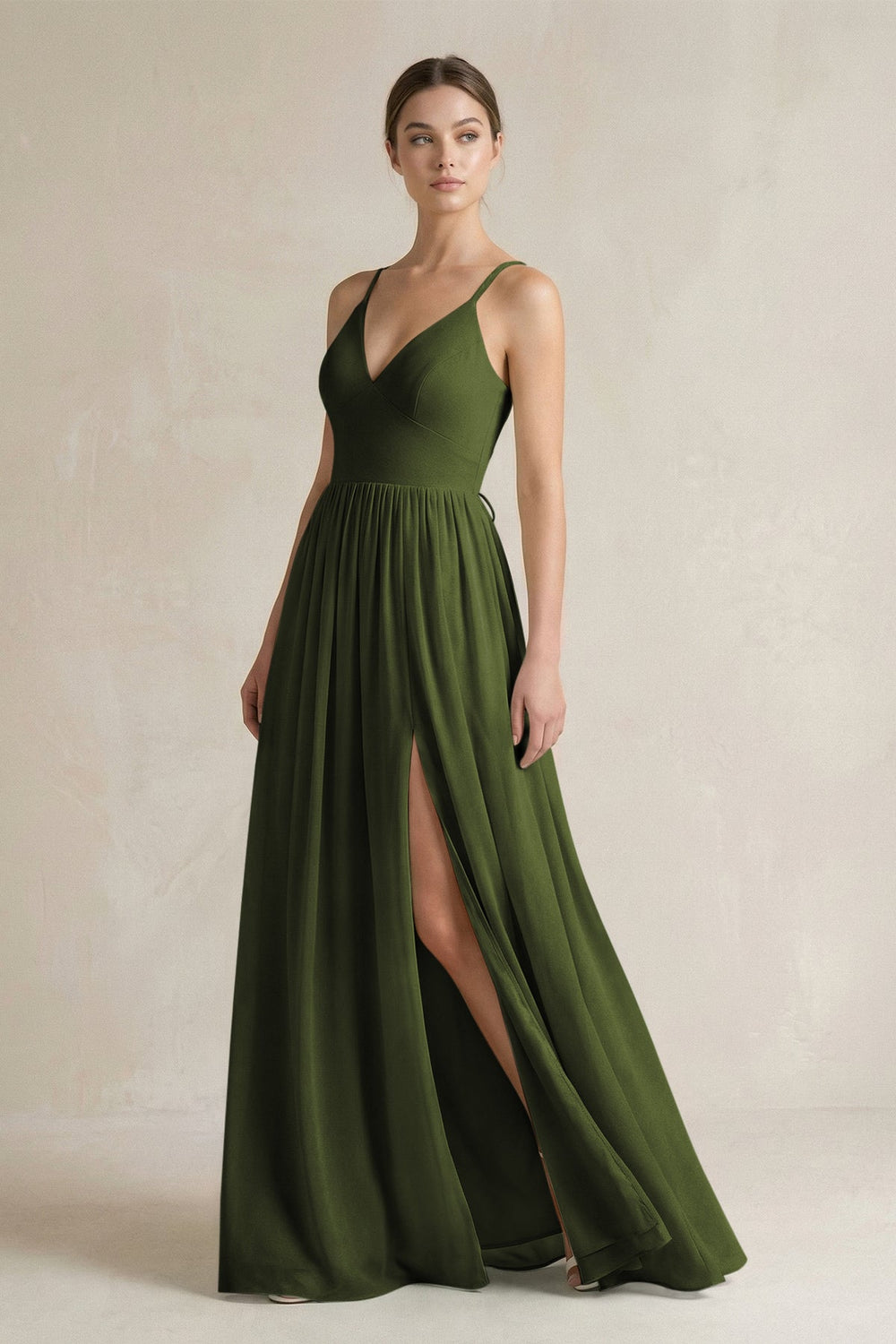 A-Line Spaghetti Strap Chiffon Bridesmaid Dress in Olive - KissProm BRIDESMAID DRESSES