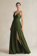 A-Line Spaghetti Strap Chiffon Bridesmaid Dress in Olive - KissProm BRIDESMAID DRESSES