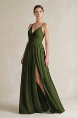 A-Line Spaghetti Strap Chiffon Bridesmaid Dress in Olive - KissProm BRIDESMAID DRESSES