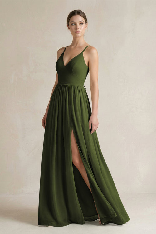 A-Line Spaghetti Strap Chiffon Bridesmaid Dress in Olive - KissProm BRIDESMAID DRESSES
