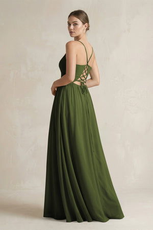 A-Line Spaghetti Strap Chiffon Bridesmaid Dress in Olive - KissProm BRIDESMAID DRESSES