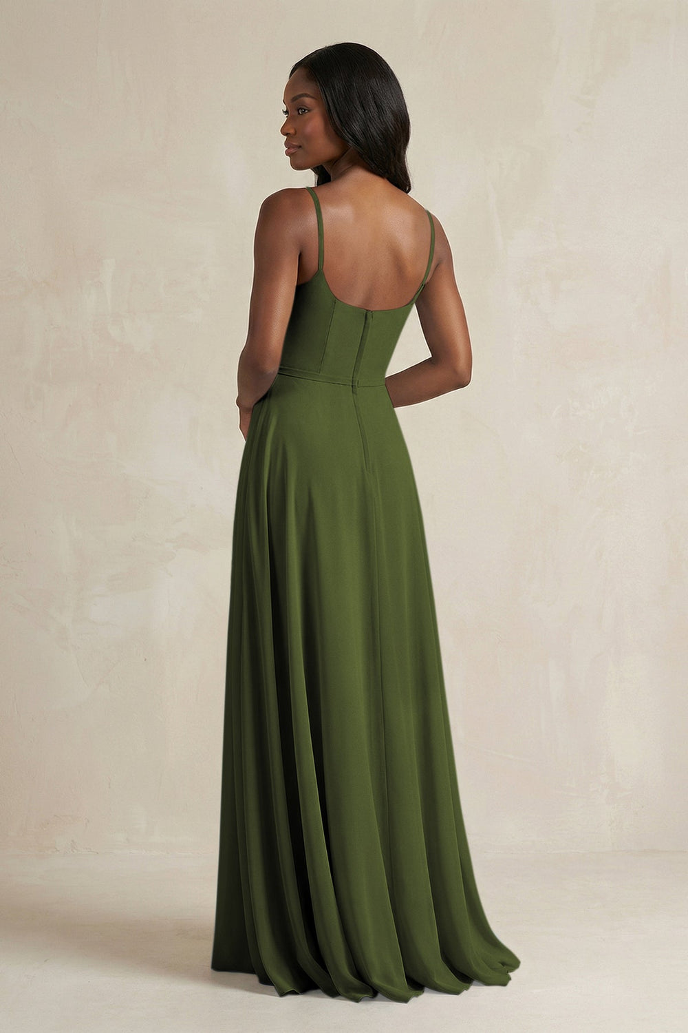 A-Line Spaghetti Straps Chiffon Bridesmaid Dress in Olive - KissProm BRIDESMAID DRESSES
