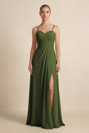 V - Neck A - Line Chiffon Pleated Bridesmaid Dress in Olive - KissProm Bridesmaid Dresses