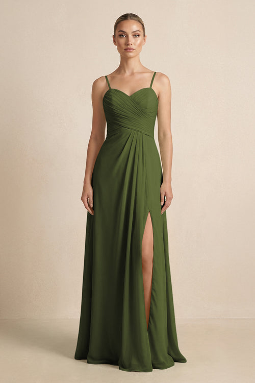 V - Neck A - Line Chiffon Pleated Bridesmaid Dress in Olive - KissProm Bridesmaid Dresses