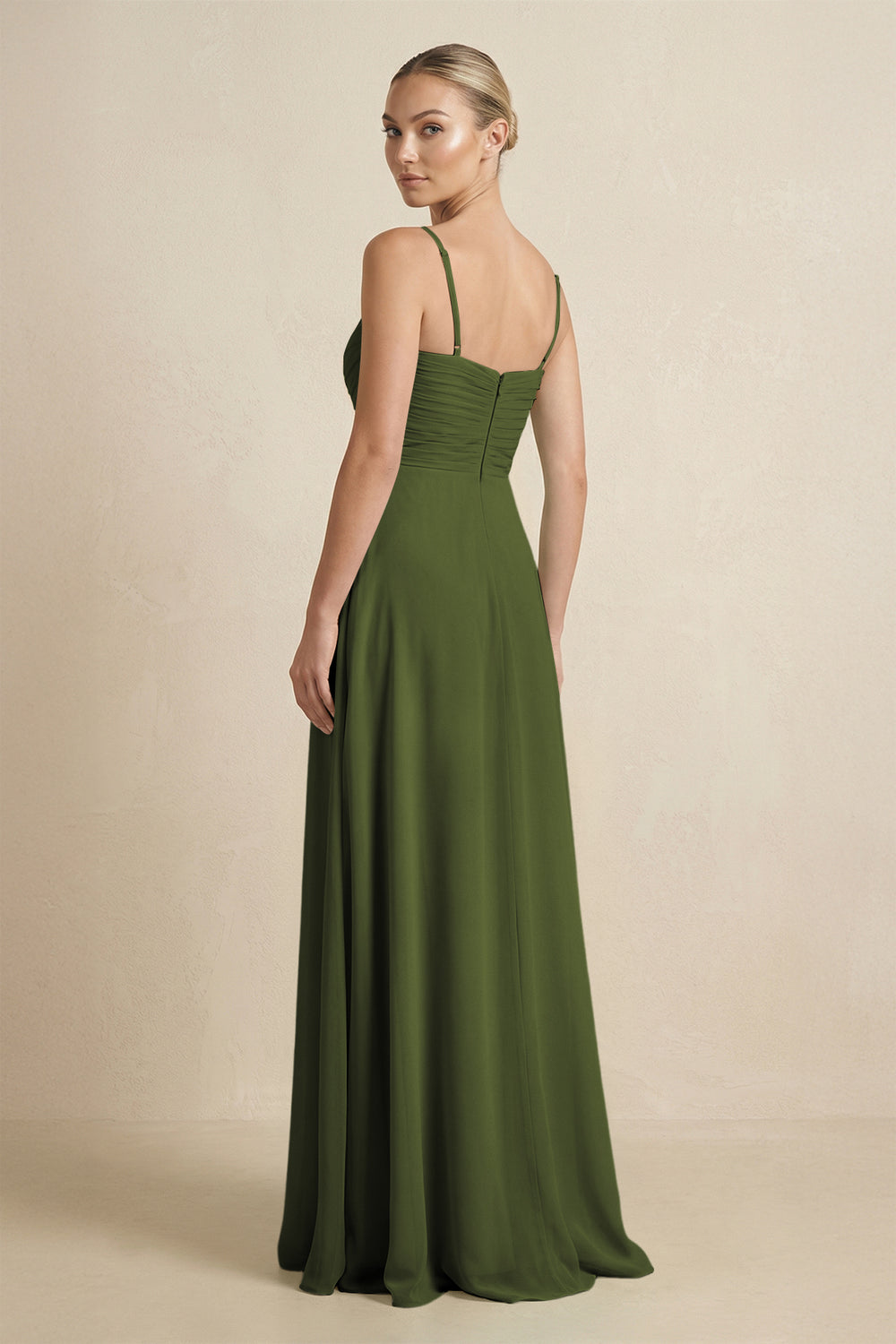 V - Neck A - Line Chiffon Pleated Bridesmaid Dress in Olive - KissProm Bridesmaid Dresses