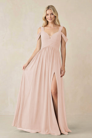 Chiffon A-Line Bridesmaid Dress with Slit  in Pale Blush - KissProm BRIDESMAID DRESSES