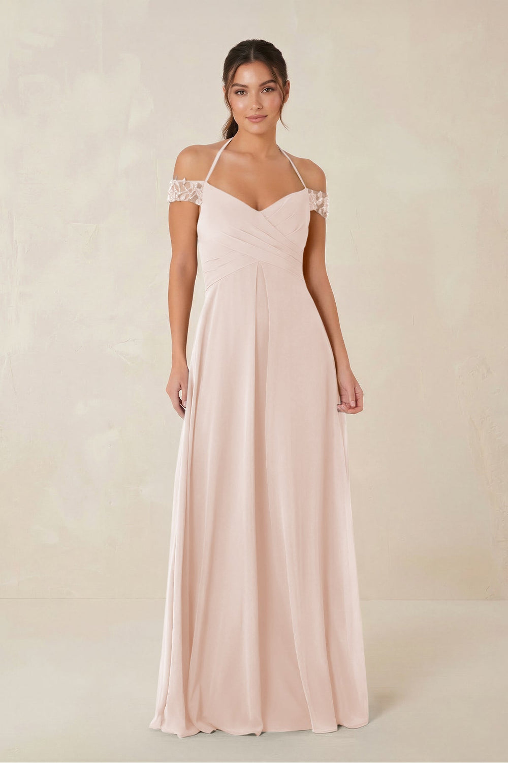 A-Line Off-the-Shoulder Chiffon Bridesmaid Dress in Pale Blush - KissProm BRIDESMAID DRESSES