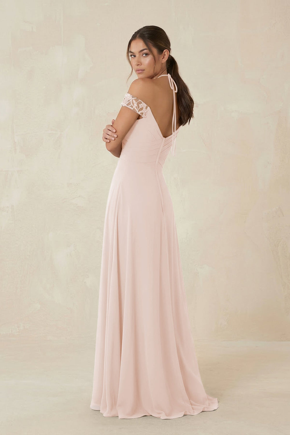 A-Line Off-the-Shoulder Chiffon Bridesmaid Dress in Pale Blush - KissProm BRIDESMAID DRESSES