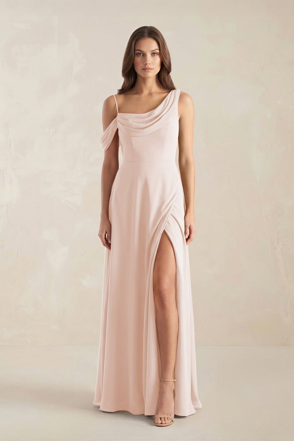 One-Shoulder Chiffon A-Line Bridesmaid Dress in Pale Blush - KissProm BRIDESMAID DRESSES