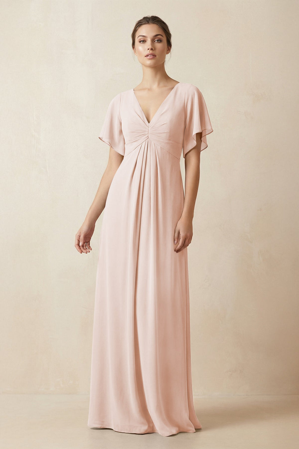 Short Sleeve V-Neck Chiffon A-Line Bridesmaid Dress in Pale Blush - KissProm BRIDESMAID DRESSES