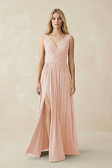 V-Neck Chiffon Pleated A-Line Bridesmaid Dress in Pale Blush - KissProm BRIDESMAID DRESSES