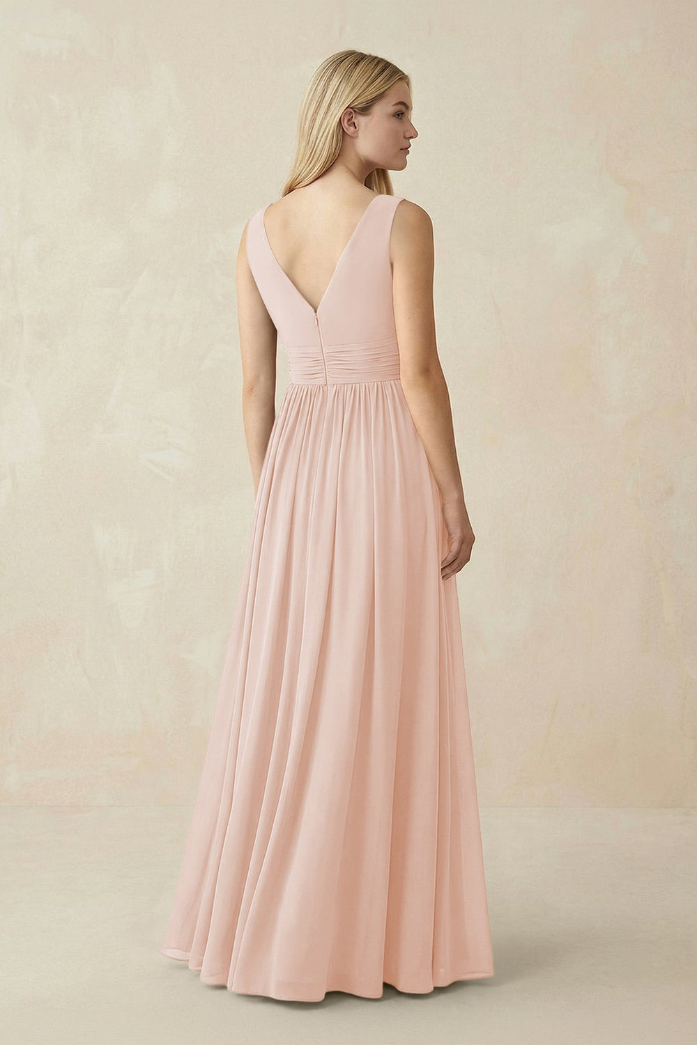V-Neck Chiffon Pleated A-Line Bridesmaid Dress in Pale Blush - KissProm BRIDESMAID DRESSES