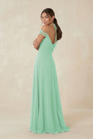 A-Line Off-the-Shoulder Chiffon Bridesmaid Dress in Pale Pistachio - KissProm BRIDESMAID DRESSES