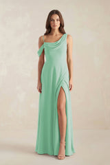 One-Shoulder Chiffon A-Line Bridesmaid Dress in Pale Pistachio - KissProm BRIDESMAID DRESSES
