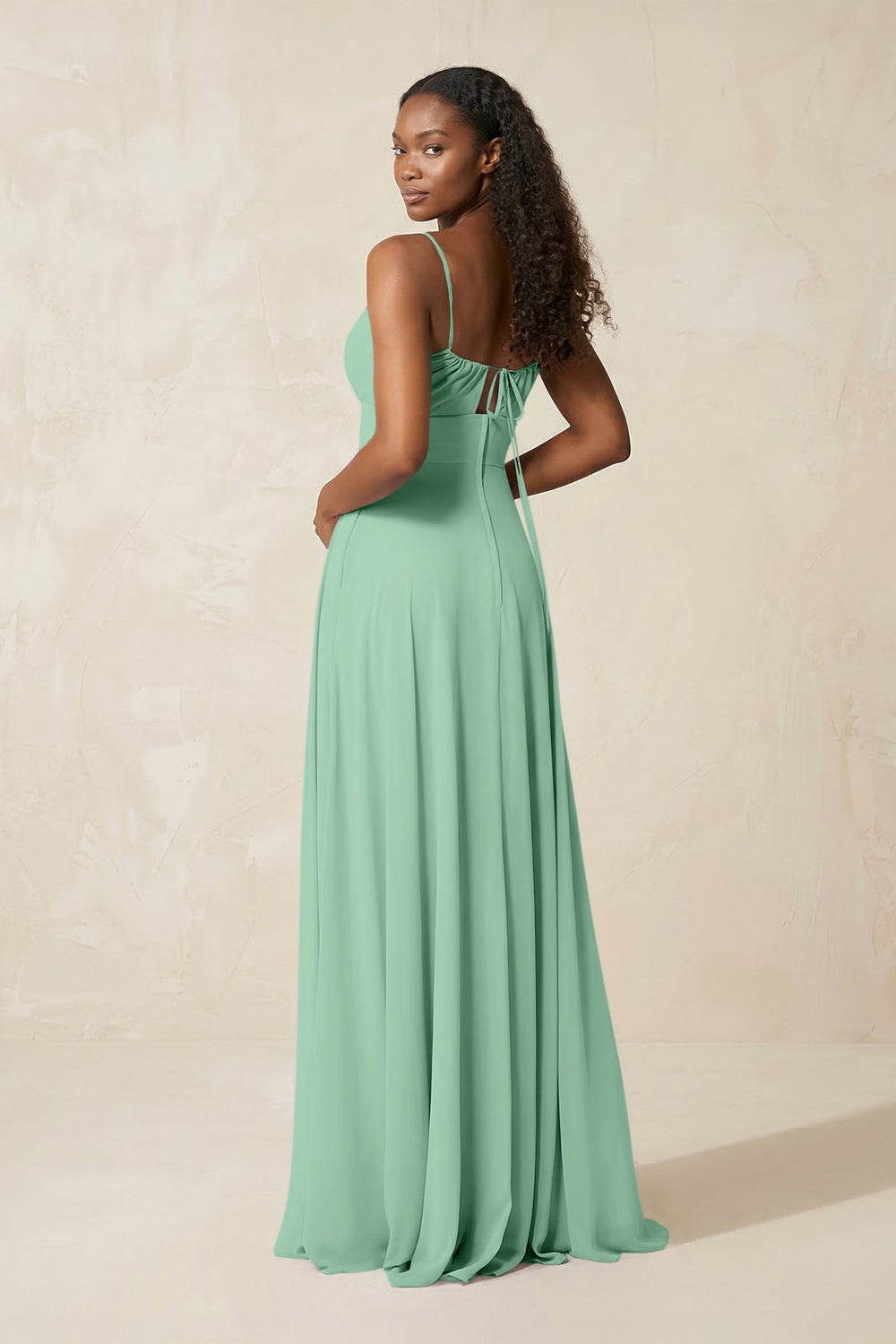 A-Line Ruched Chiffon Spaghetti Strap Bridesmaid Dress in Pale Pistachio - KissProm BRIDESMAID DRESSES