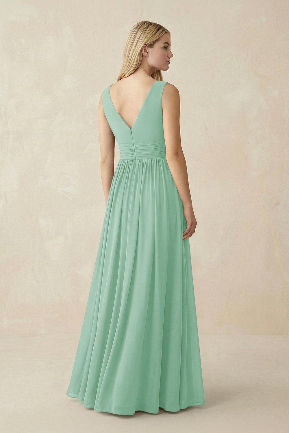 V-Neck Chiffon Pleated A-Line Bridesmaid Dress in Pale Pistachio - KissProm BRIDESMAID DRESSES