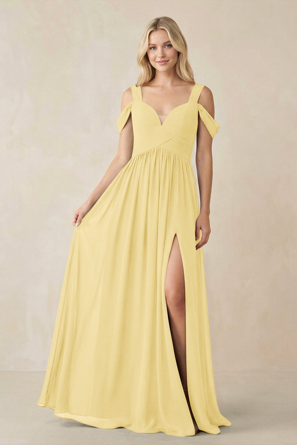 Chiffon A-Line Bridesmaid Dress with Slit  in Pastel Yellow - KissProm BRIDESMAID DRESSES