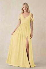 Chiffon A-Line Bridesmaid Dress with Slit  in Pastel Yellow - KissProm BRIDESMAID DRESSES