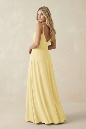 Cami Strap A-Line Chiffon Bridesmaid Dress with Slit in Pastel Yellow - KissProm BRIDESMAID DRESSES