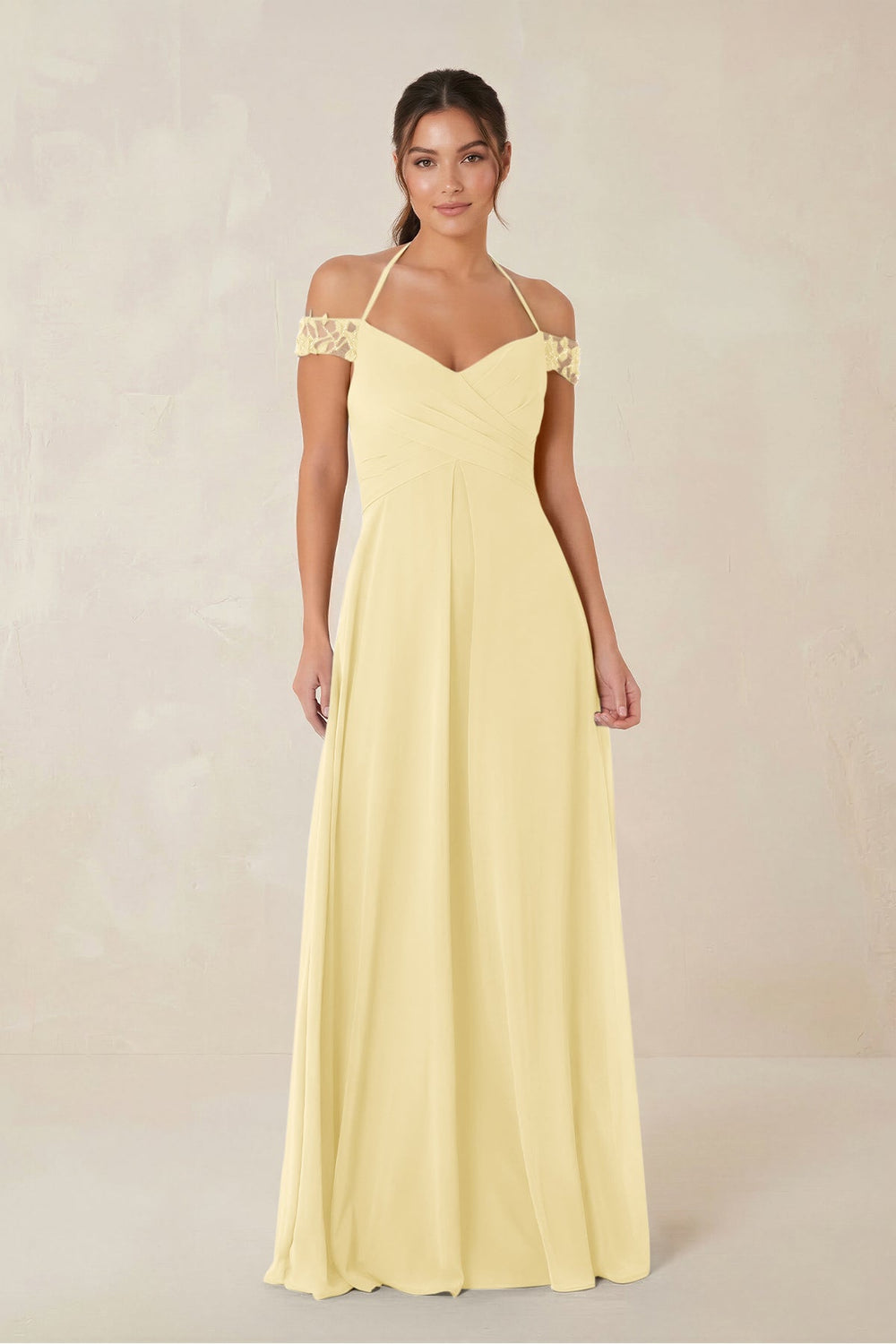 A-Line Off-the-Shoulder Chiffon Bridesmaid Dress in Pastel Yellow - KissProm BRIDESMAID DRESSES