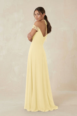 A-Line Off-the-Shoulder Chiffon Bridesmaid Dress in Pastel Yellow - KissProm BRIDESMAID DRESSES