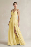 A-Line Spaghetti Strap Chiffon Bridesmaid Dress in Pastel Yellow - KissProm BRIDESMAID DRESSES