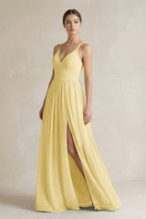 A-Line Spaghetti Strap Chiffon Bridesmaid Dress in Pastel Yellow - KissProm BRIDESMAID DRESSES