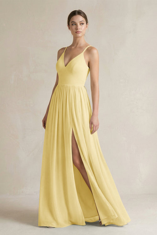 A-Line Spaghetti Strap Chiffon Bridesmaid Dress in Pastel Yellow - KissProm BRIDESMAID DRESSES