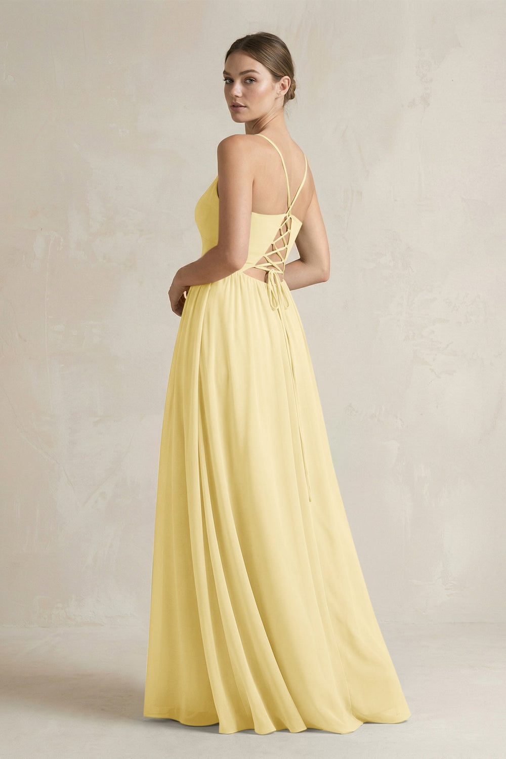 A-Line Spaghetti Strap Chiffon Bridesmaid Dress in Pastel Yellow - KissProm BRIDESMAID DRESSES