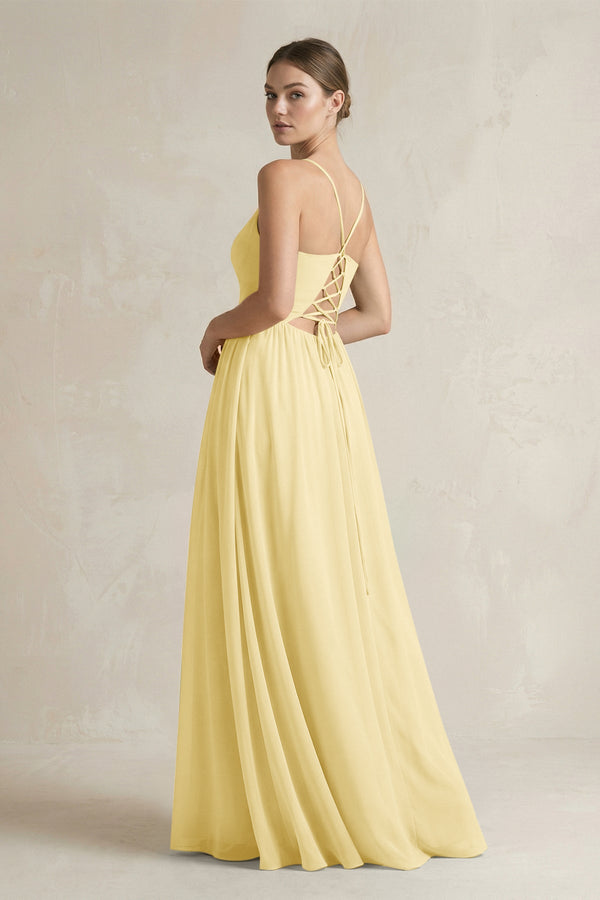 A-Line Spaghetti Strap Chiffon Bridesmaid Dress in Pastel Yellow - KissProm BRIDESMAID DRESSES