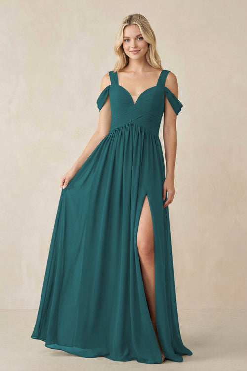 Chiffon A-Line Bridesmaid Dress with Slit  in Pine - KissProm BRIDESMAID DRESSES