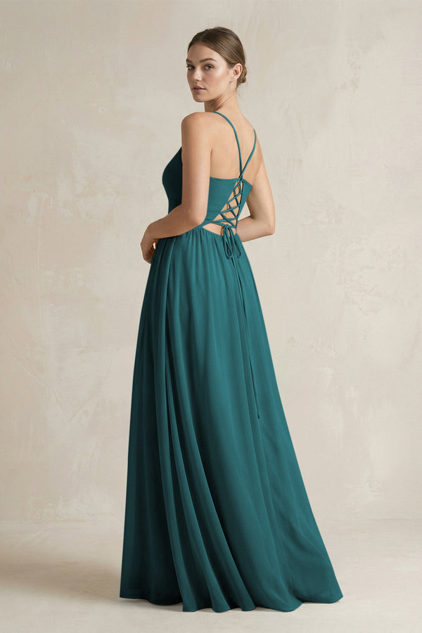 A-Line Spaghetti Strap Chiffon Bridesmaid Dress in Pine - KissProm BRIDESMAID DRESSES